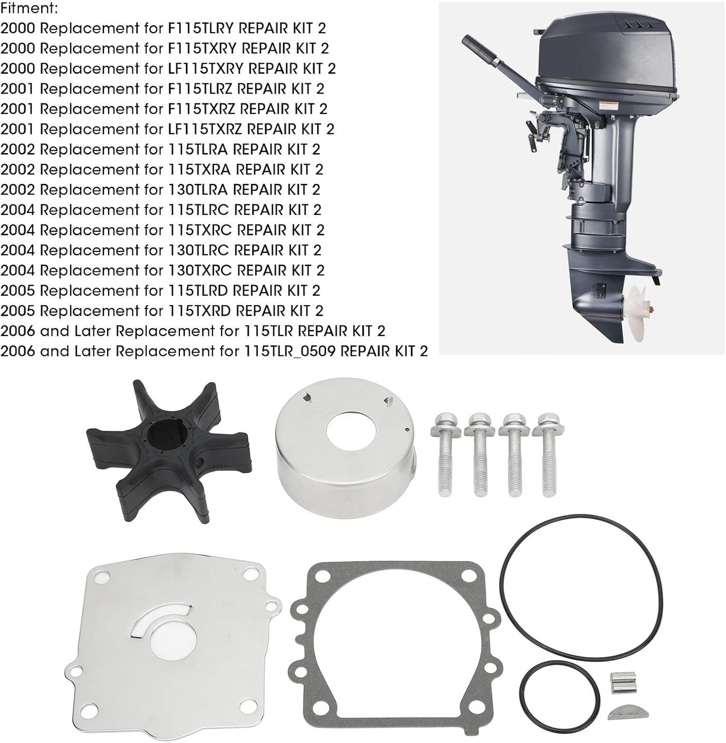 Water Pump Repair Kit – Rubber and Stainless Steel Impeller Repair Kit 6N6-W0078-02 for F115TLRY, F115TXRZ, 130TLRB – 115HP / 130HP Outboard Motor
